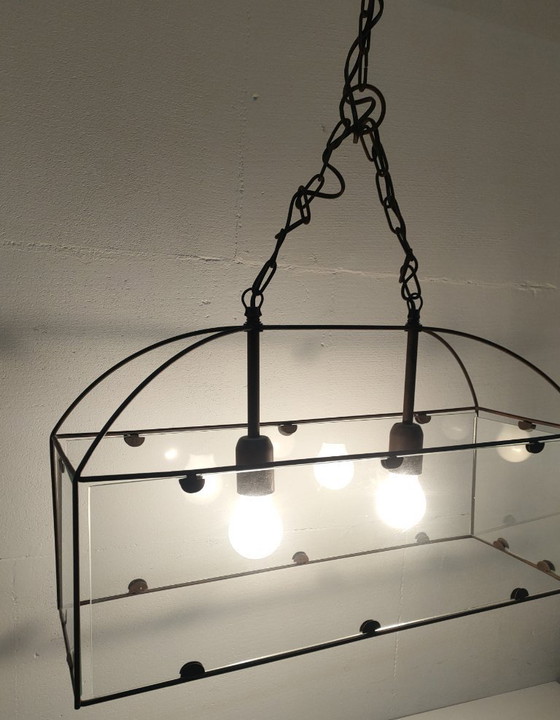 Image 1 of Ensemble de lampes suspendues rétro Amedi en verre/métal des années 90 (1 grande/double) 2 simples.