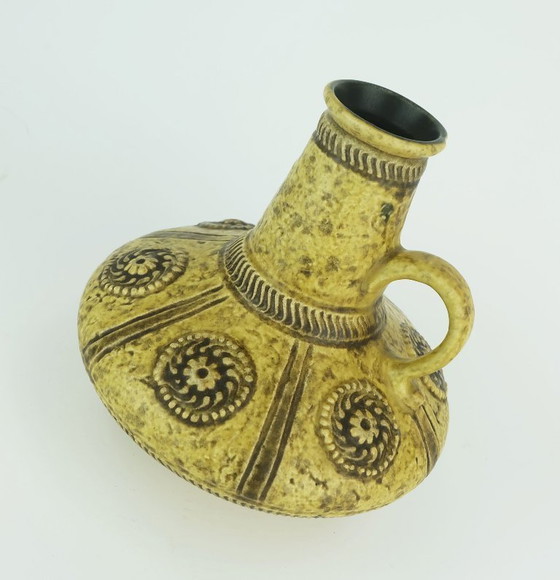 Image 1 of mid century VASE jasba model 1648 20 relief decor yellow and brown glaze 1960s 70s jug