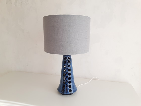 Image 1 of Beautiful Table Lamp With Blue Vintage Lamp Base By Michael Andersen, Scandinavian Design And Handmade Gray Blue Lampshade
