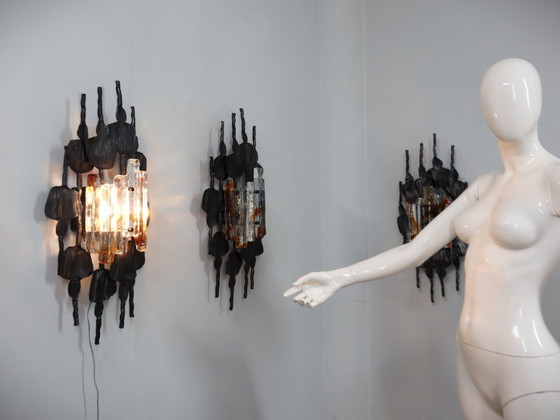 Image 1 of Ensemble de 3 appliques / lampes murales Brutalist en verre de Murano Italie 1970