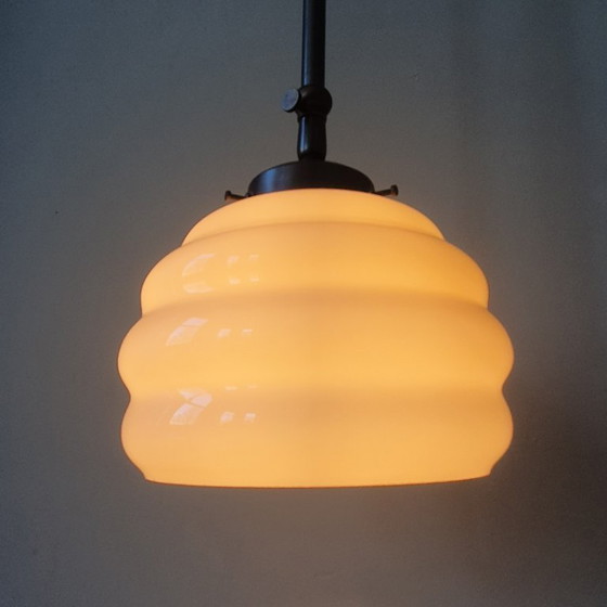 Image 1 of Long Vintage Art Deco Rose Opaline pendant lamp - hanging lamp