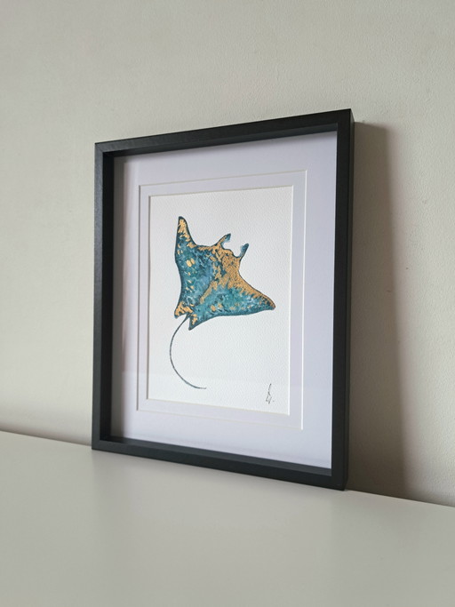 Original watercolor stingray turquoise gold | Includes frame