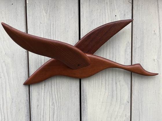 Image 1 of Mid Century Deens Teak Houten Decoratie Wand Vogel