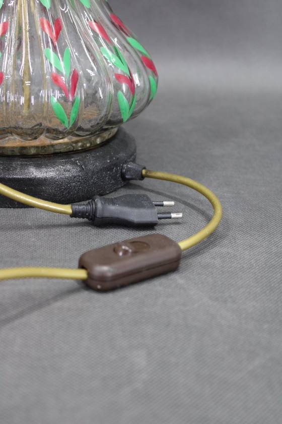 Image 1 of Paire de lampes de table en verre peintes à la main avec abat-jour en tissu neuf, Tchécoslovaquie, années 1960