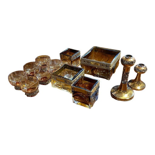 Smoked Brutalist Glassware Set by Timo Sarpaneva for Oy Kumela Ltd, 1972, Set of 12