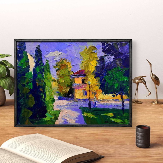 Image 1 of Dipinto ad olio originale, paesaggio urbano, motivo urbano mattutino