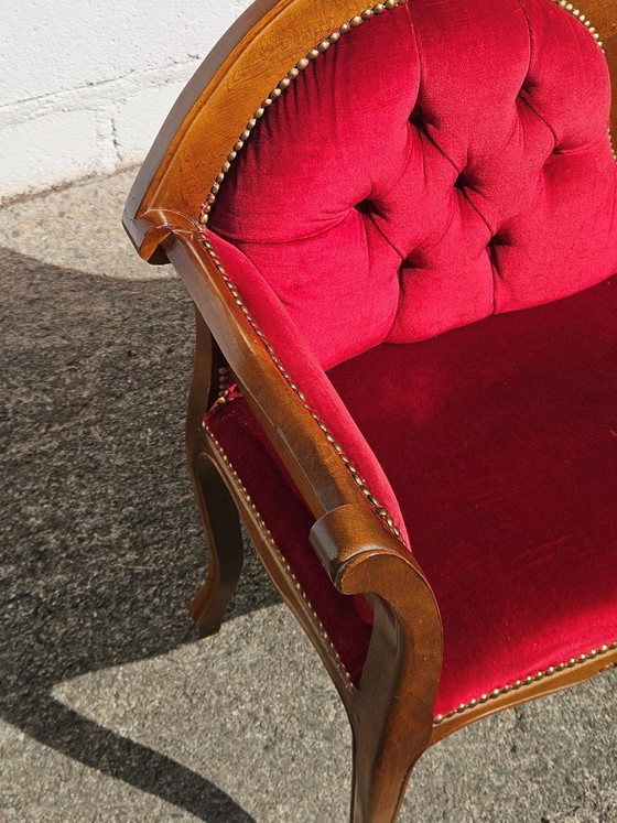 Image 1 of Vintage Franse telefoonbank - Rode fluwelen loveseat - Roddelbank - Stijl Louis XV - jaren 70