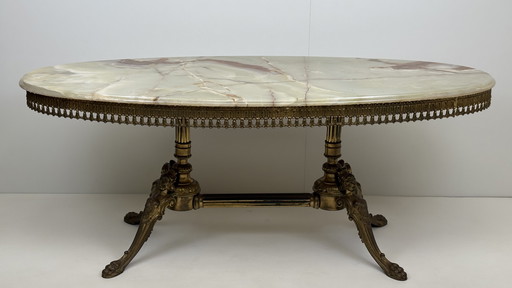 Vintage natuursteen messing salontafel / coffee table onyx marmer