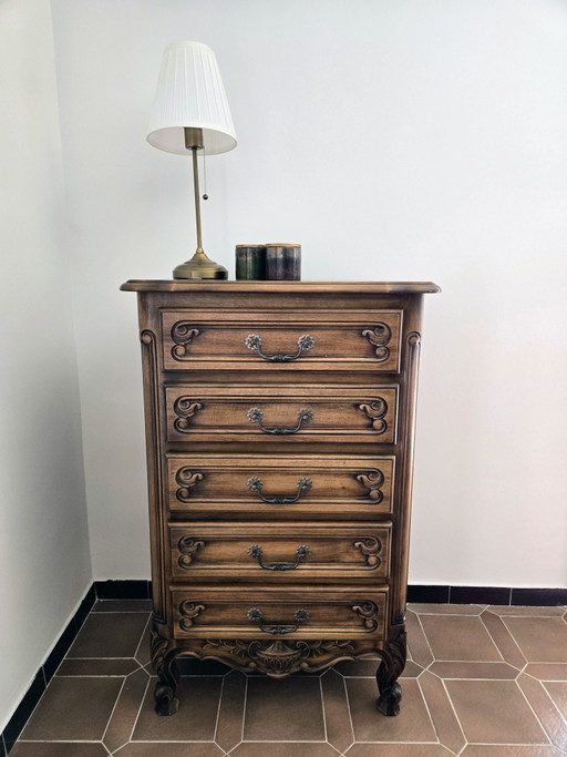 Cómoda antigua de 5 cajones de madera maciza (estilo Luis XV)