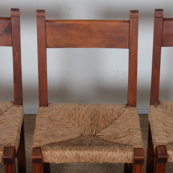 Image 1 of Set of 6 straw-seated wooden chairs, French work, 1950
