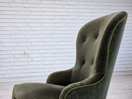 Image 1 of 1970er Jahre, dänischer Beistellstuhl, grüner Möbelvelours, Beine aus Buchenholz.