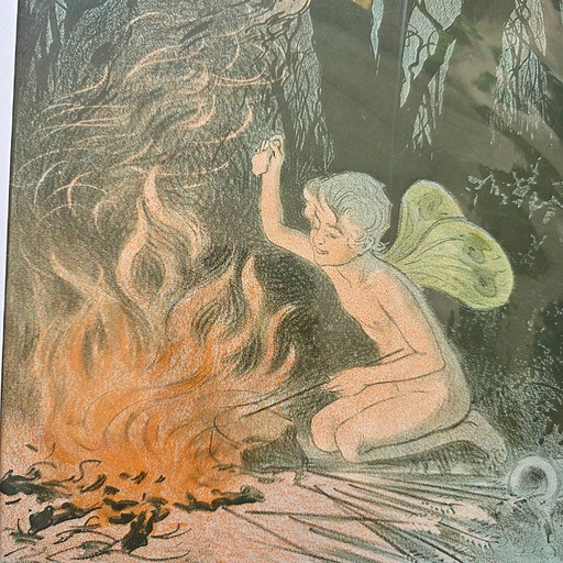 Antica litografia a colori raffigurante un elfo accanto a un falò, prima metà del XX secolo.