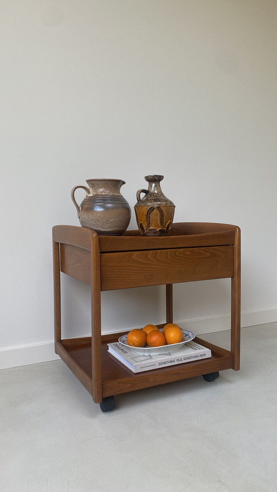 Image 1 of Vintage Wooden Side Table / Dresser On Wheels