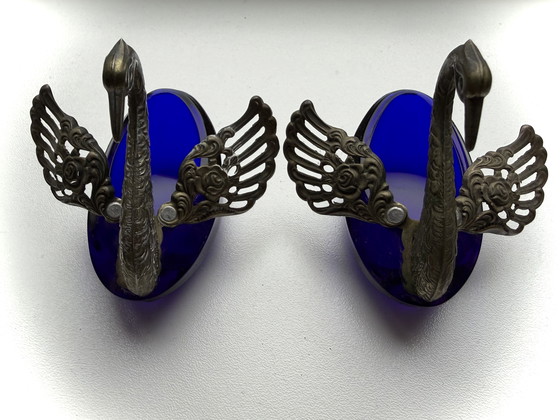 Image 1 of Zout & Specerijenhouder - zilver 800 - kobalt kristal - 1940/1950