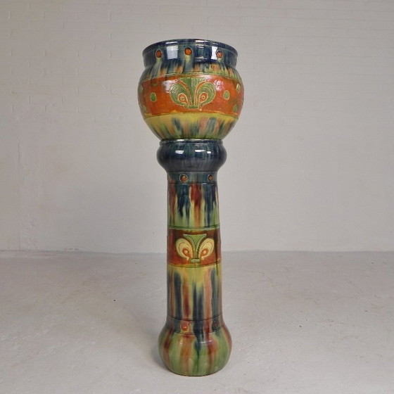 Image 1 of Flemish flowerpot on pedestal, ceramic, 1920s