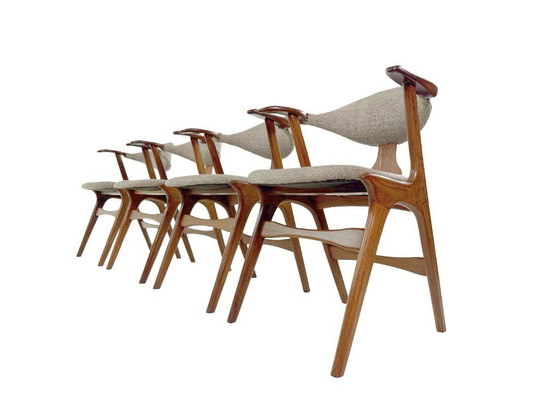 Image 1 of Set of 4 vintage cow horn chairs – Louis van Teeffelen, De Ploeg fabric