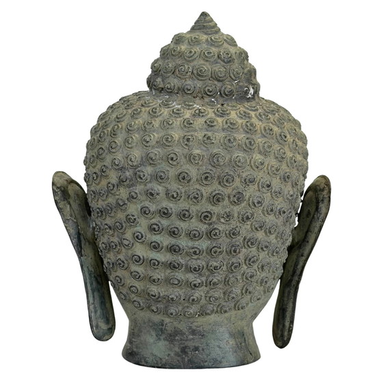 Patinated Bronze Buddha Head in U Thong Style – Thai Art 27 cm – Sculpture (photo 5 of 10)