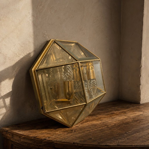 Geometrische wandlamp van messing en glas, jaren 80