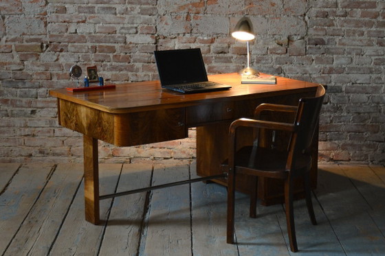 Restored Art Deco Writing Desk, By UP Závody, Walnut, Repolished, Czech, 1930s – Metal, Wood (photo 3 of 19)