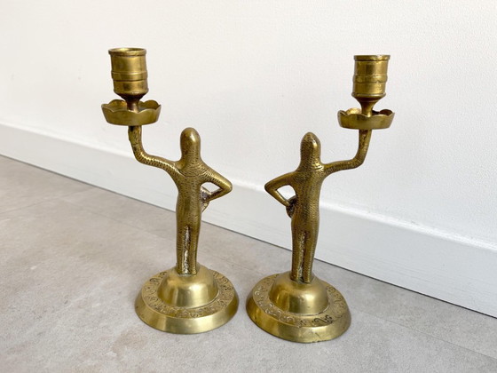 2x Vintage Messing Kandelaars - Ridders – Kandelaars en kaarsen, Brass (photo 4 of 7)
