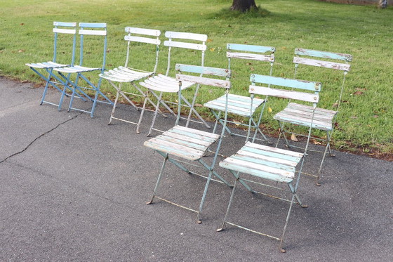 Image 1 of Set of 8 French Bistro Garden Folding Chairs in Iron and Wood Slats