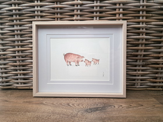 Image 1 of Aquarel schilderij Varkentjes origineel in lijst