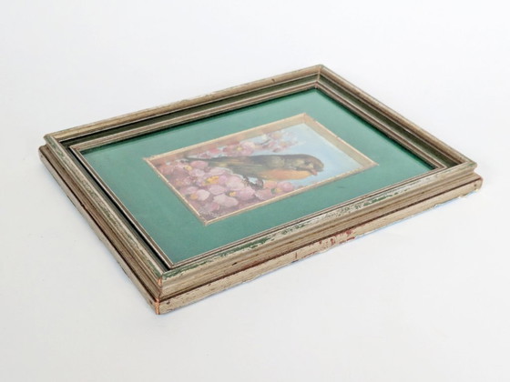 Image 1 of Vintage Robin Oil Painting, Blossoms, Green Velvet Mat, Signed