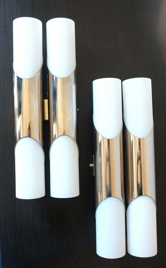 Image 1 of Pareja de apliques de cromo/vidrio opalino Neuhaus de Rolf Krüger, 1960