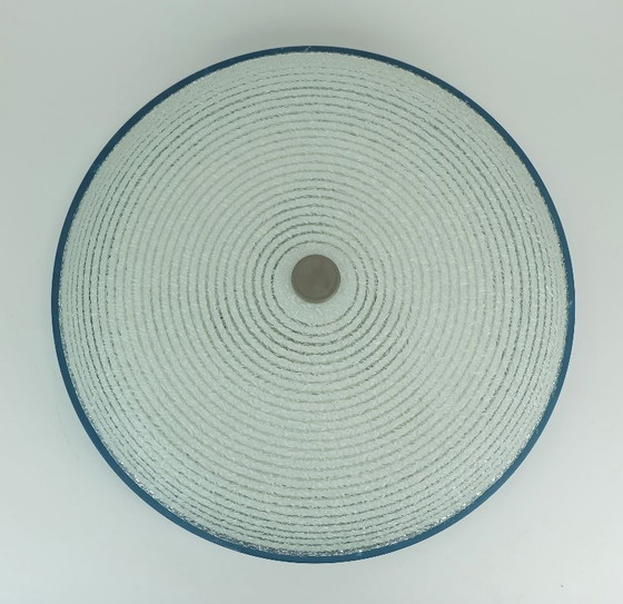 Image 1 of rare large mid century modern CEILING LIGHT by hillebrand 1960s flush mount textured glass blue metal frame