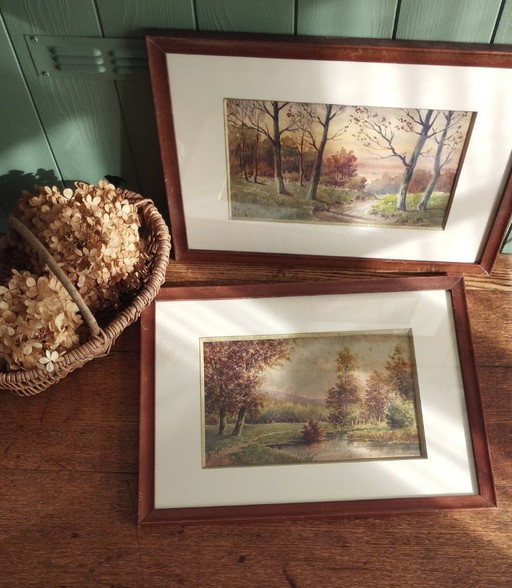 François-Joseph GIROT. Autumn Landscapes. Pair of framed watercolors.