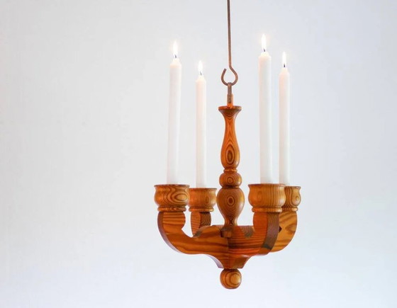 Image 1 of Bougeoir lustre suspendu rustique en bois de Smålandsslöjd, Suède, 1975