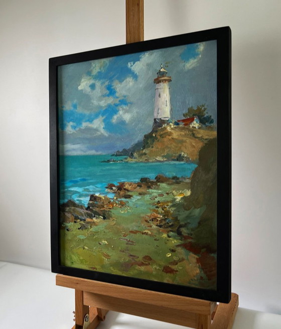 Original Oil Painting Seascape Coast with a Lighthouse – Paintings & Drawings, Mdf (photo 3 of 9)