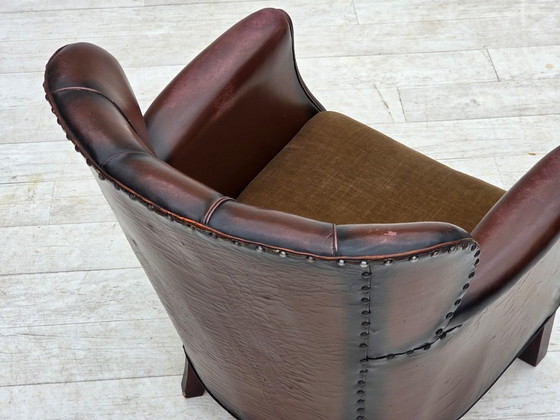 Image 1 of 1930s, Danish armchair, brown furniture leather, velour.