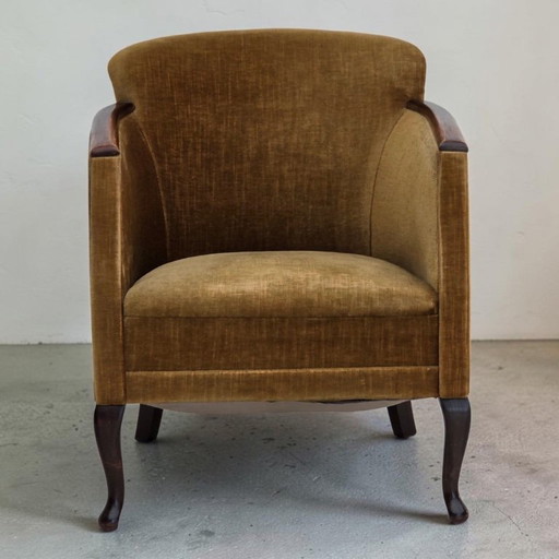 Jaren 60, Deense fauteuil, meubelvelours, essenhout.