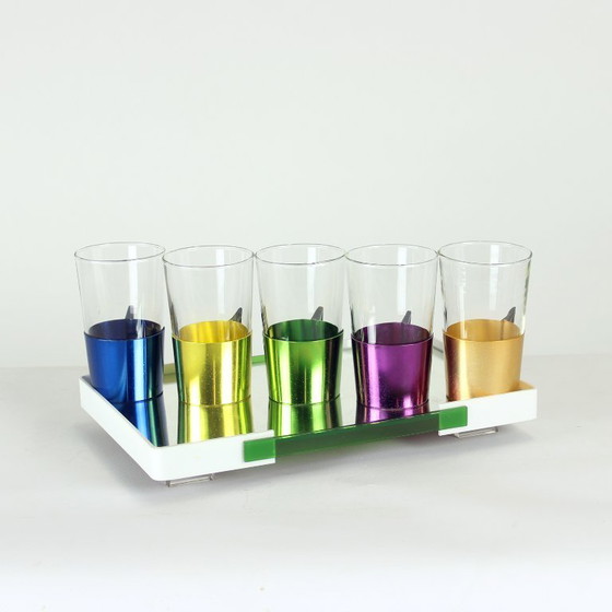 Image 1 of Set Of Colorful Drinking Glasses With A Tray, Czechoslovakia 1960s