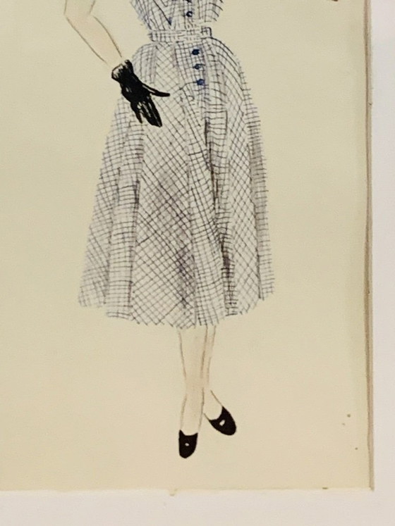 Image 1 of Mid-Century, Signed, Framed, “Robe Ecossaise” Pencil Sketch on Paper by Berthe Duquaine, 1950's