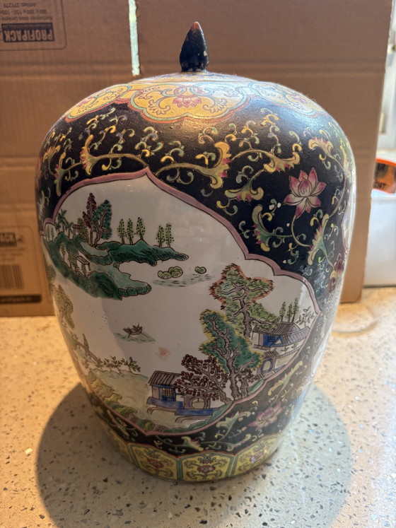 Hand-painted Chinese Vase Ginger Jar Famille Noir from 1950-1960 Height 37cm – Asian vases from Holland (photo 5 of 10)