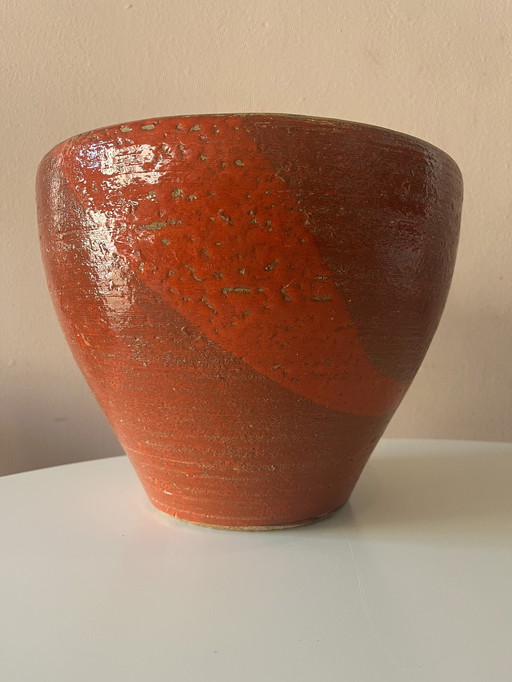 Magnifique Grand Pot de Fleurs Vintage en Faïence Rouge avec Rayure Graphique émaillée
