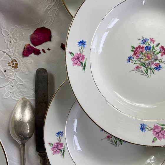 Image 1 of Set of 6 antique Sarreguemines earthenware soup plates, Cibon Nice pattern, flowers and gilding