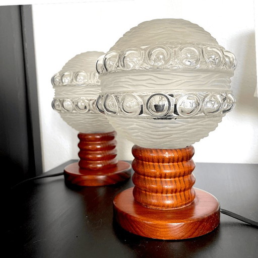 Portuguese Mid Century Wood And Frosted Glass Wooden Table Lamps, Set Of 2 – tafellampen (photo 2 of 11)