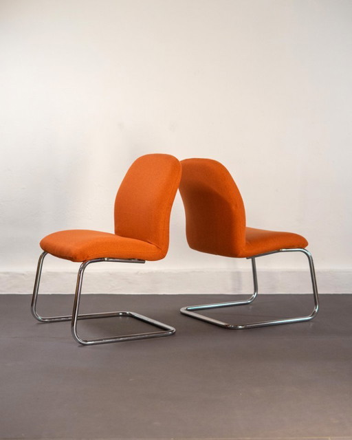 2x Tubular Steel Armchairs with Orange Upholstery, Germany, 1980