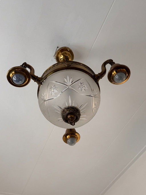 Antique Art Deco Pendant Lamp Brass with Cut Glass 3 Arms and 4 Light Points – hanglampen (photo 2 of 5)