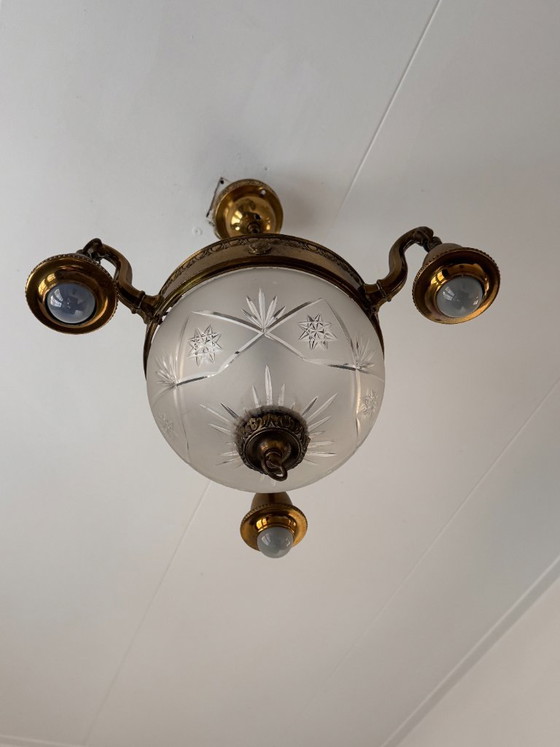 Antique Art Deco Pendant Lamp Brass with Cut Glass 3 Arms and 4 Light Points (photo 2 of 5)