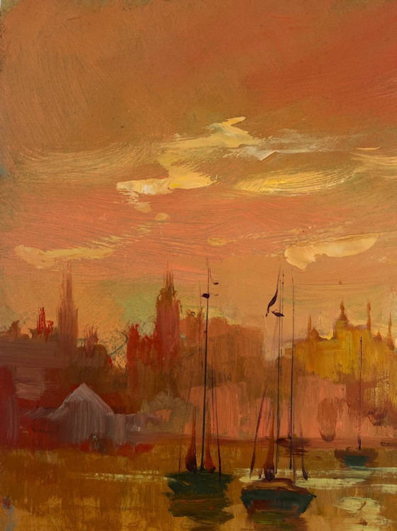 Image 1 of Original Oil Painting Evening City Landscape Venice romantic sunset