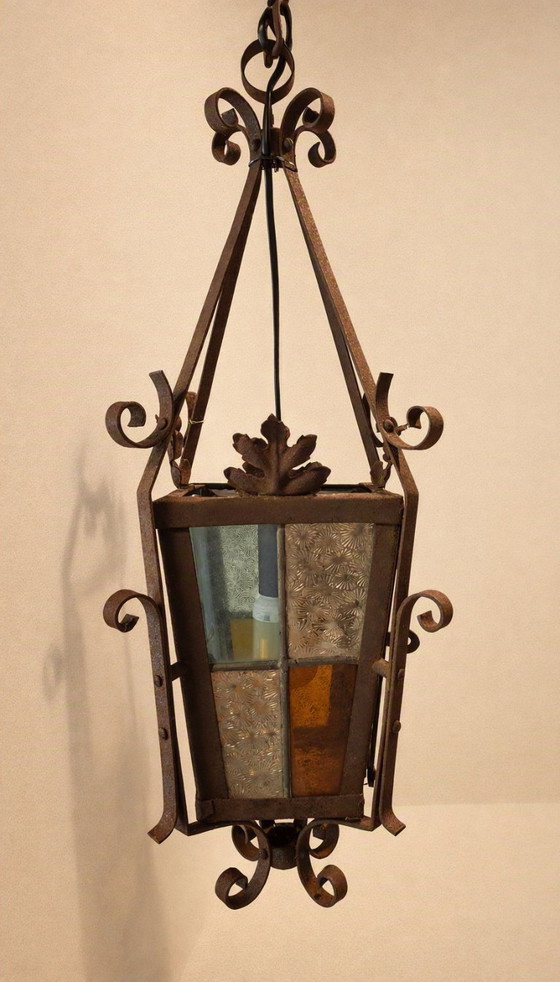 Lanterne/Suspension Art Déco française antique, vitrail. – Art Deco, Metal (photo 14 of 14)