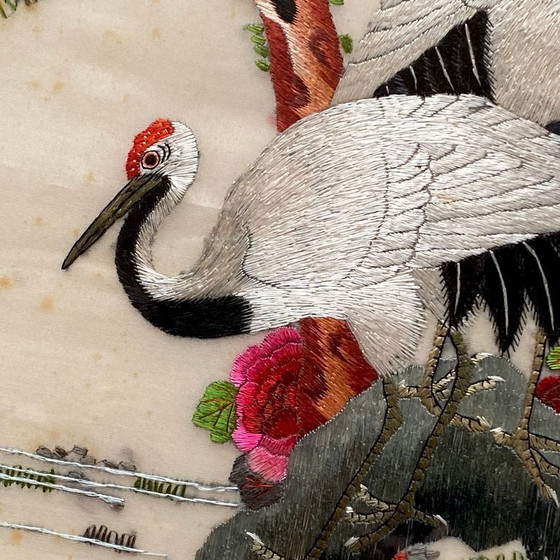 Image 1 of Vintage Asian antique embroidery picture of a stork and bird