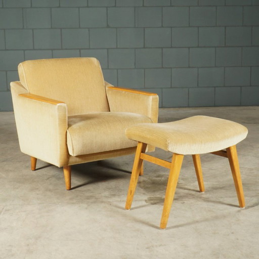 Fauteuil vintage avec repose-pieds - velours beige - années 1960 – Velvet