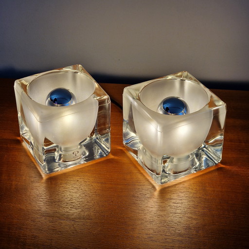 A Set of Two Vintage Peill & Putzler Table Lamps. Cube Glass Lamps. Germany 1970s.