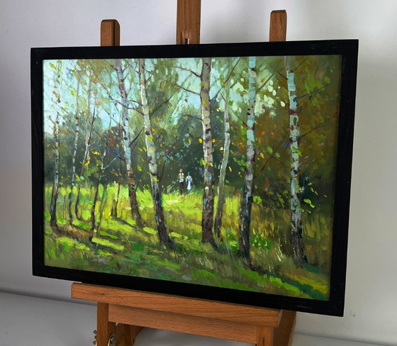 Image 1 of Peinture à l'huile originale, paysage naturel, prairie, promenade parmi les bouleaux