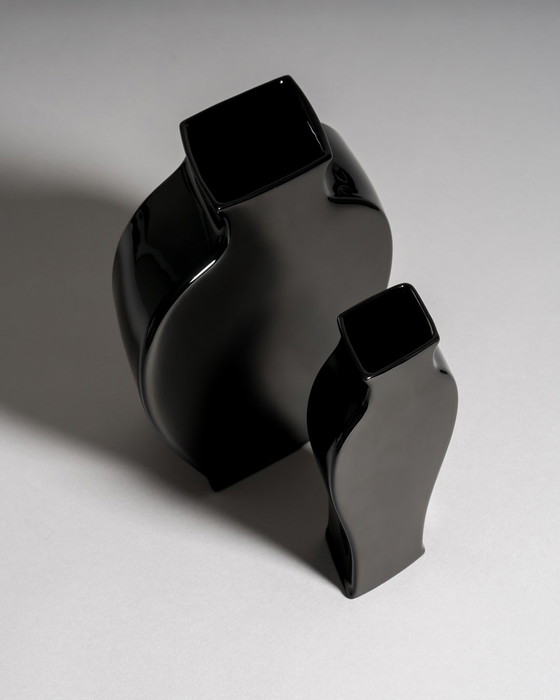 Image 1 of Tadao Amano for Rosenthal Studio-Line “Sakura” Vase Pair in Porcelaine Noire — Matte & Glossy Black, 1980s Germany / Japan
